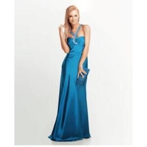 Vtg Dave & Johnny Blue Satin Maxi Dress Embellished Halter Gala Prom Gown Sz 3/4